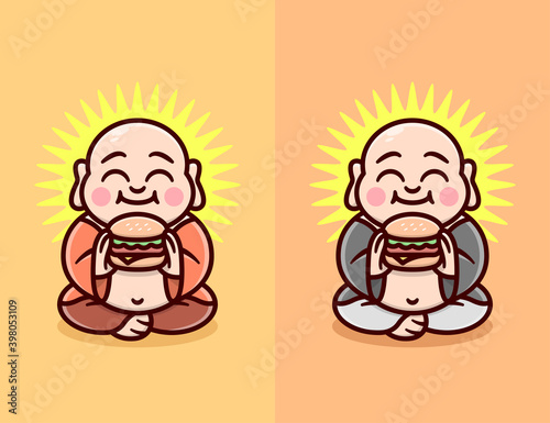 AN HAPPY FACE BALD AND FAT MONK EATING HAMBURGER IN TWO DIFERENT CLOTHING COLOR CARTOON LOGO