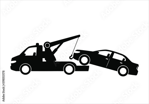 Tow truck city road assistance service evacuator. Parking violation. Road sign - no Parking. Sign of a tow truck. Black vector icon.