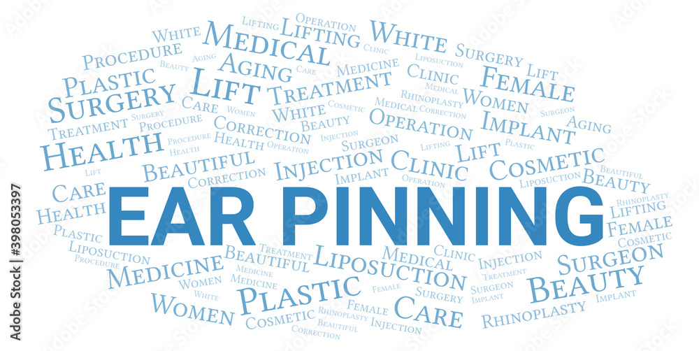 Ear Pinning typography word cloud create with the text only. Type of plastic surgery Ear Pinning typography word cloud create with the text only. Type of plastic surgery
