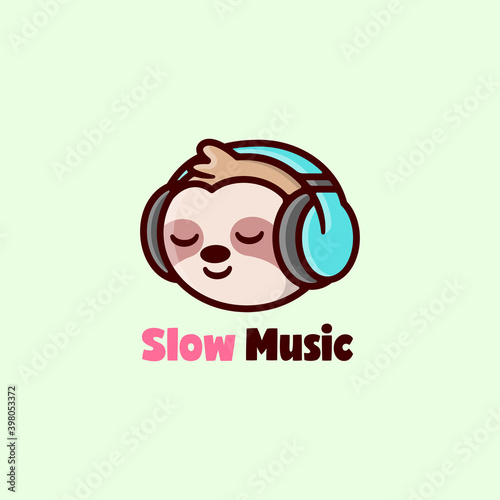CUTE SLOTH SMILING AND LISTENING TO MUSIC WITH HEADPHONE CARTOON LOGO