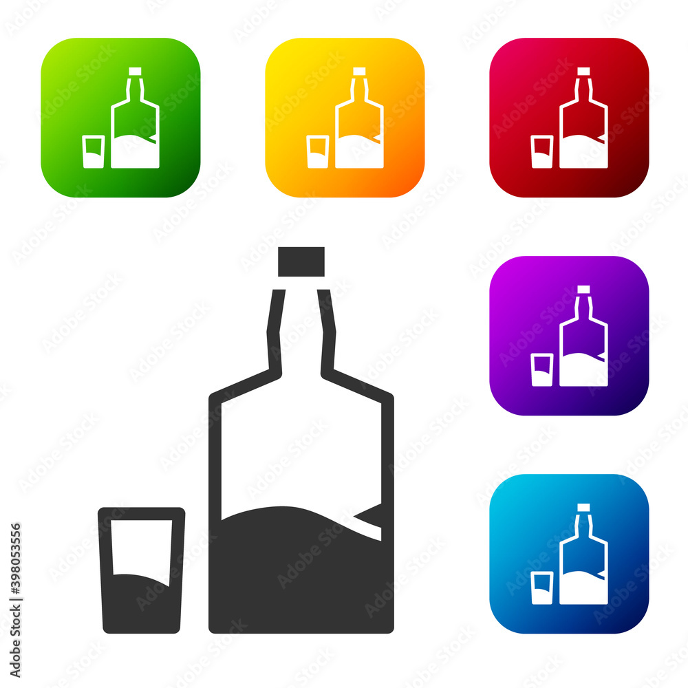 Black Tequila bottle and shot glass icon isolated on white background. Mexican alcohol drink. Set icons in color square buttons. Vector. Black Tequila bottle and shot glass icon isolated on white background. Mexican alcohol drink. Set icons in color square buttons. Vector.