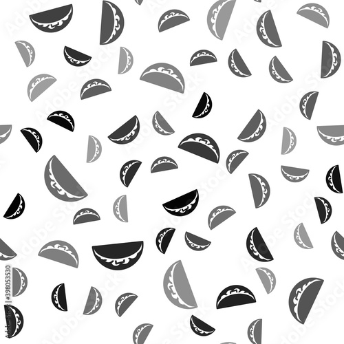 Black Taco with tortilla icon isolated seamless pattern on white background. Traditional mexican fast food menu. Vector.