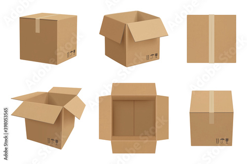 Box mockup. Open and closed cardboard package vector realistic template. Illustration realistic cardboard and packaging empty