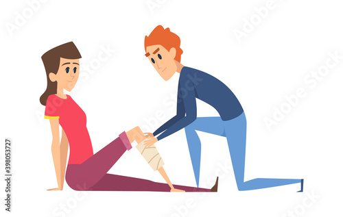 Leg injury. Woman with bandage, man help young girl. First aid surgery, male nurse and patient vector illustration. Injured leg, medicine broken accident
