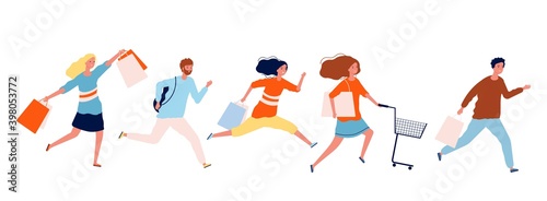 People run with purchases. Shopping time, sale or discounts. Open mall, woman man hurry to black friday vector illustration. Buyer shopper go to shopping for purchase