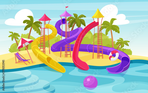 Water amusement park vector illustration. Cartoon aquapark summer resort with water pipes tubes to swimming pool, family and kids playground, outdoor waterslides in tropical beach landscape background