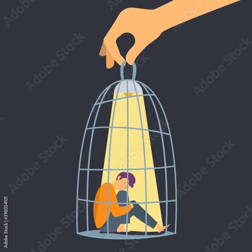 People in cage. Depressed man, hand holding cell with sad boy and lamp. Mental disorder, fear or violence vector metaphor. Illustration depression and psychological control, disorder emotion