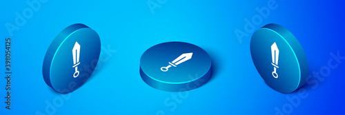 Isometric Sword toy icon isolated on blue background. Blue circle button. Vector.