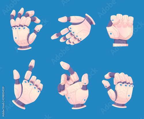 Robotic hands. Mechanical bionic mechanism human hand gestures vector collection. Illustration electronic, engineering arm, cyborg equipment
