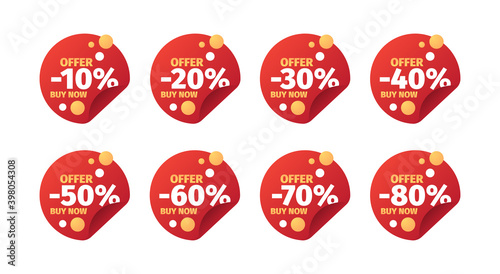 Sales badges. Promo banners with numbers and percent 10 price discounts 50 off 70 special offers vector emblem design. Offer label discount, shopping commerce illustration