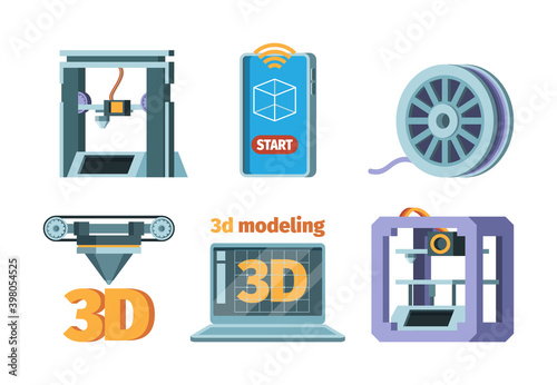 3d printing icon. Dimensional printer prototypes future technology smart print technics vector flat pictures. Illustration equipment construction, dimensional prototype manufacturing