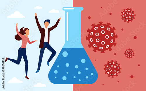 Happy vaccinated couple people jump and celebrate successful coronavirus vaccine development vector illustration. Cartoon healthcare success vaccination concept, stop pandemic Covid-19 background