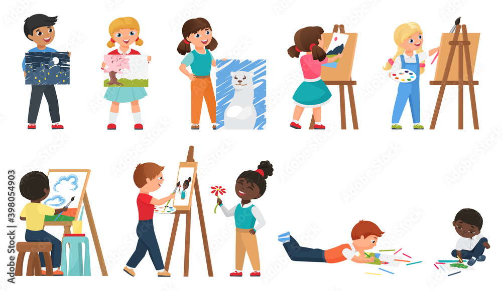 Kids painting vector illustration set. Cartoon young artist characters drawing art work with painting tools, preschool or school children standing in front of easel, childhood hobby isolated on white