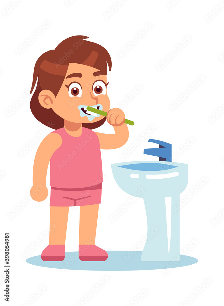Girl brushing teeth. Cute child in bathroom morning and evening routine, dental care with toothbrush and fresh toothpaste, oral care and hygiene concept vector flat cartoon character Girl brushing teeth. Cute child in bathroom morning and evening routine, dental care with toothbrush and fresh toothpaste, oral care and hygiene concept vector flat cartoon character
