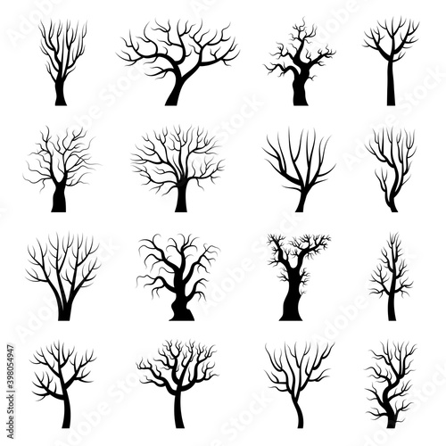 Tree silhouettes. Winter tree branches dead autumn plants trunks vector illustrations. Wood autumn tree, forest winter branch collection