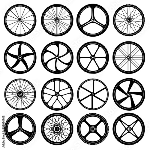 Bicycle wheels. Tires silhouettes bike wheels with metal spokes vector symbols collection. Illustration tire rubber for cycle transportation