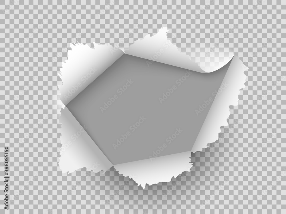 Paper realistic hole. Ripped torn hole on transparent background, cardboard  rip burst, damaged sheet with curled pieces, open paper gap, bullets ripping  page texture vector illustration Stock Vector