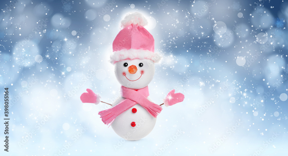 Fototapeta premium Cute decorative snowman on blue background, bokeh effect. Banner design