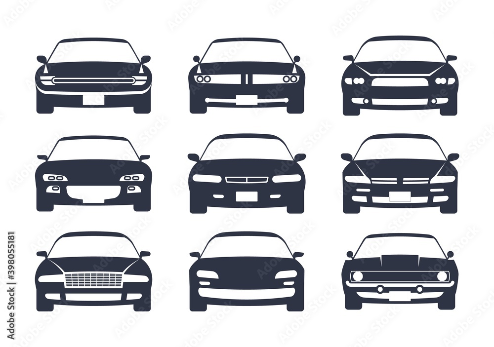 Car black silhouette. Cars front view icon set, vehicle monochrome mockup, regular sedan auto for family, race or different services, automobile pictogram vector illustration