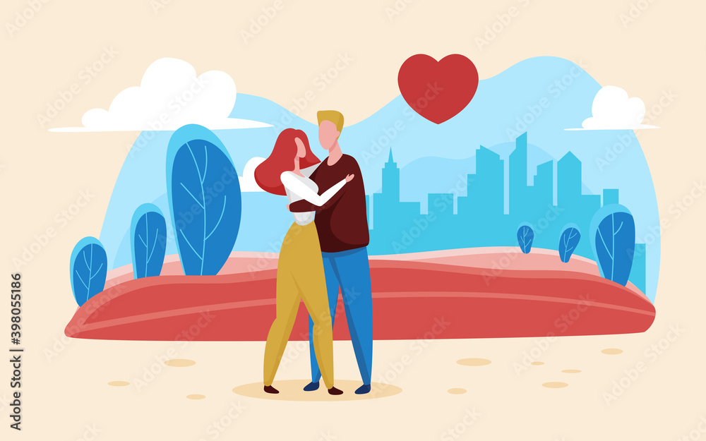 Valentines day love concept vector illustration. Cartoon happy lovers hug on romantic date, man woman couple characters loving and hugging for valentine day, relationship and romance background Valentines day love concept vector illustration. Cartoon happy lovers hug on romantic date, man woman couple characters loving and hugging for valentine day, relationship and romance background