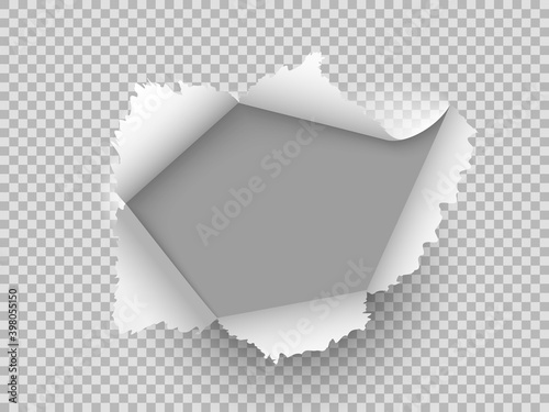 Paper realistic hole. Ripped torn hole on transparent background, cardboard rip burst, damaged sheet with curled pieces, open paper gap, bullets ripping page texture vector illustration