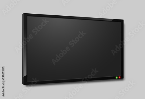 Tv screen angle view. Realistic lcd television black monitor, close up hanging horizontal on wall full hd monitor, digital led panel, modern widescreen vector isolated electronics object