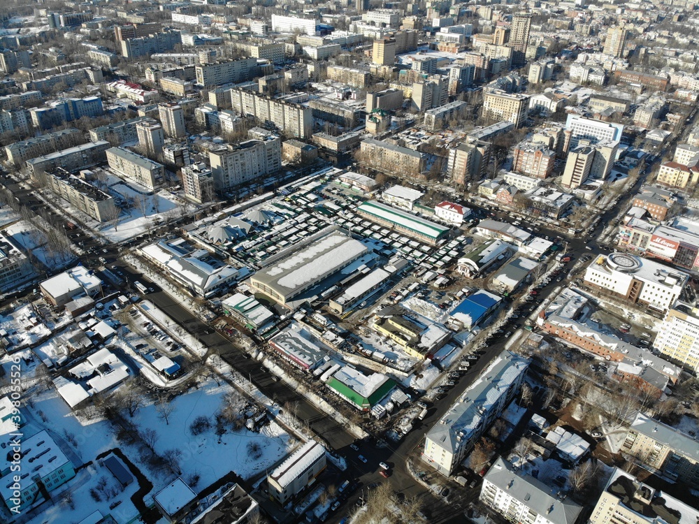 Kirov, Russia: Aerial view of the central market area in winter