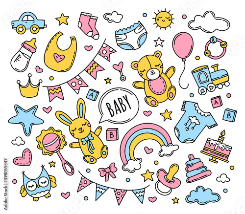 Newborn baby set of Doodle style icons. Vector children elements in pink and blue colors.