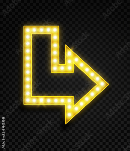 Arrow with lamps. Realistic glowing neon yellow symbol, electricity shine colored signboard, direction illuminated night club or party lamp vector isolated illustration