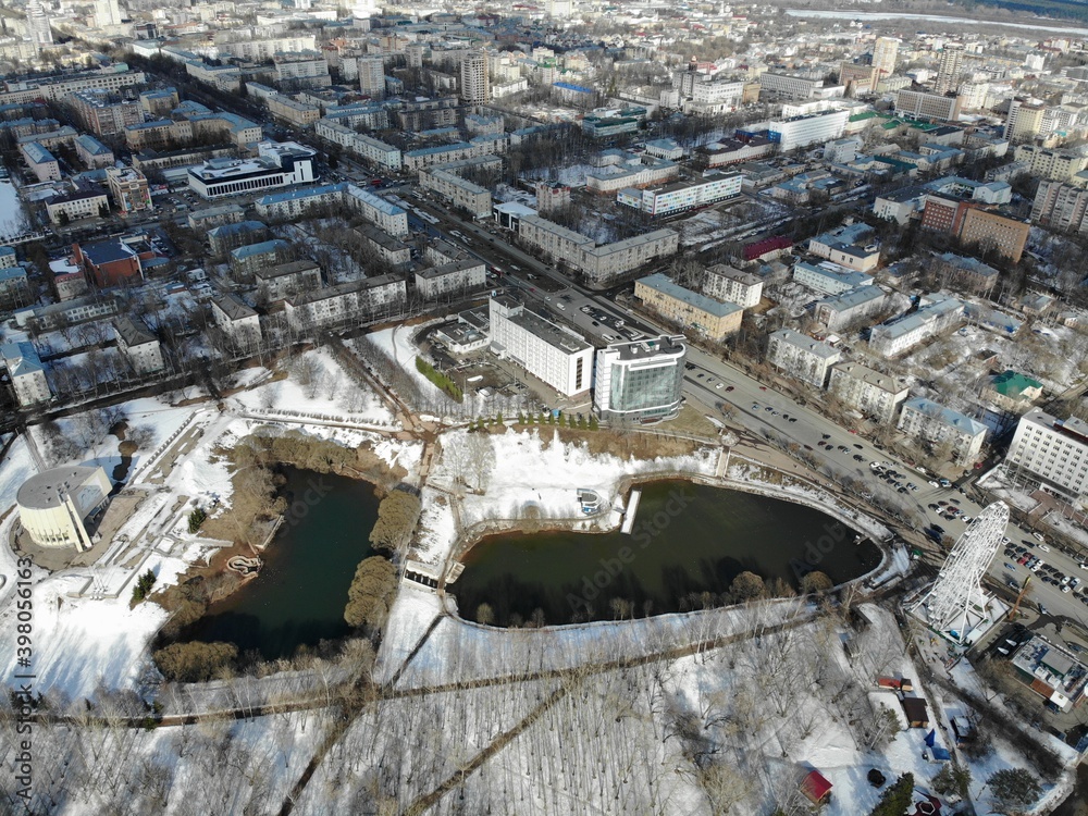 Aerial view of two ponds in the park in winter (Kirov, Russia)