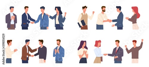 Team congratulates colleague. Chief shakes hand manager for successful project, office staff greeting co-worker development, people respect and high five, partnership vector concept