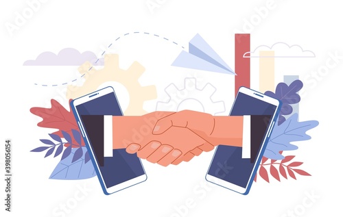 Business deal. Handshaking biz partners, campaign opening. Startup financing creative project, investor relationships. Hands in smartphone making contract vector flat cartoon concept