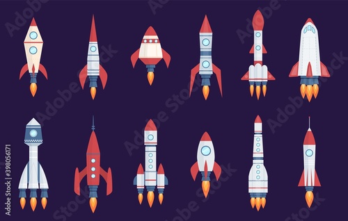 Rocket icons. Starting spaceships and spacecrafts, speed shuttles collection. Startup project symbol, creative idea, development process future innovation technology flat vector set