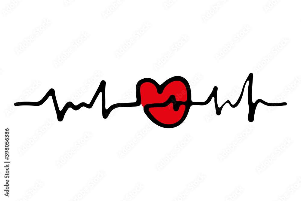 Red heart and pulse icon. Horizontal view. Contour silhouette. Sketch drawing. Vector flat graphic hand drawn illustration. The isolated object on a white background. Isolate. Red heart and pulse icon. Horizontal view. Contour silhouette. Sketch drawing. Vector flat graphic hand drawn illustration. The isolated object on a white background. Isolate.