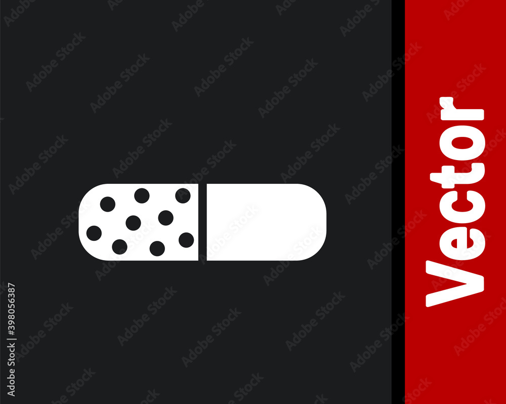 White Vitamin complex of pill capsule icon isolated on black background. Healthy lifestyle. Vector. White Vitamin complex of pill capsule icon isolated on black background. Healthy lifestyle. Vector.