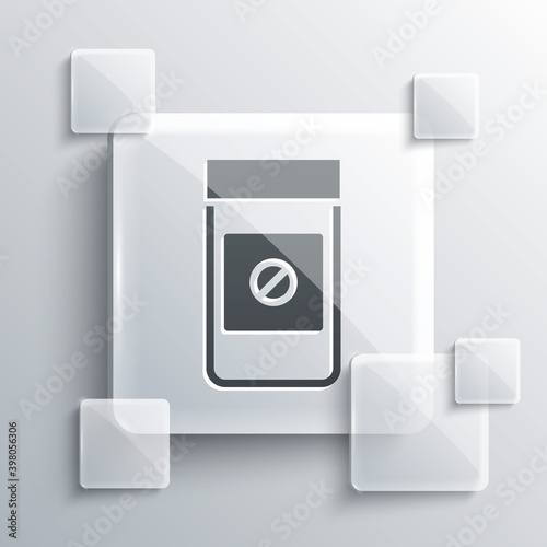 Grey Sports doping, anabolic drugs icon isolated on grey background. Anabolic steroids tablet. Pills in jar. Square glass panels. Vector.