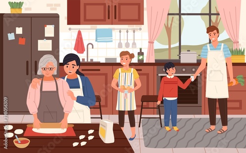 Big happy family cooking time. Parents, children and grandmother together cook food, detailed kitchen interior with people. Holiday festive meal, domestic life vector cartoon concept