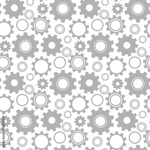 Gray different gears isolated on white background. Monochrome geometric seamless pattern. Vector flat graphic illustration. Texture.