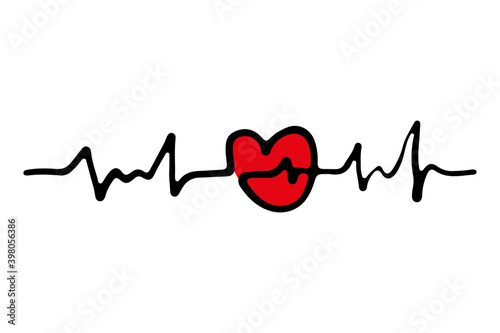 Red heart and pulse icon. Horizontal view. Contour silhouette. Sketch drawing. Vector flat graphic hand drawn illustration. The isolated object on a white background. Isolate.
