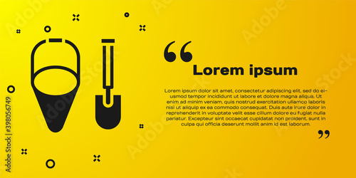 Black Fire shovel and cone bucket icon isolated on yellow background. Vector.