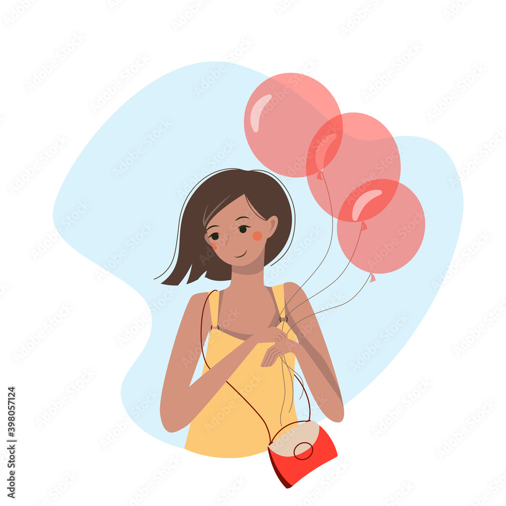 Cute cartoon young woman with stylish haircut holding balloons in her hands. Nice smiling girl with little bag. Cute cartoon young woman with stylish haircut holding balloons in her hands. Nice smiling girl with little bag.