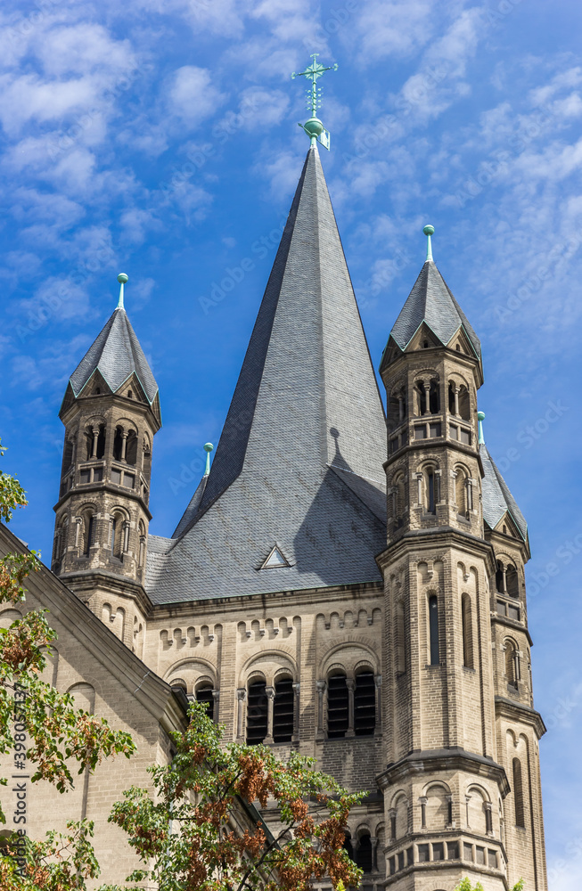 Tower of the historic St. Martin church in Koln, Germany
