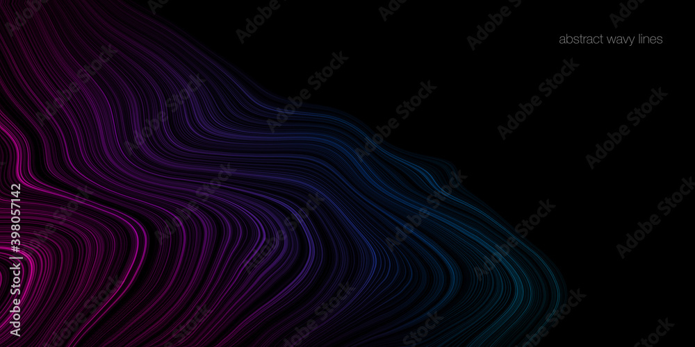 Fototapeta premium Abstract wave lines fluid colorful purple blue green isolated on black background with space for text in concept of technology, digital, science, music
