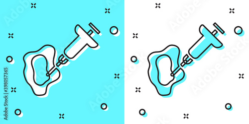 Black line GMO syringe icon isolated on green and white background. Genetically modified organism acronym. Dna food modification. Random dynamic shapes. Vector.