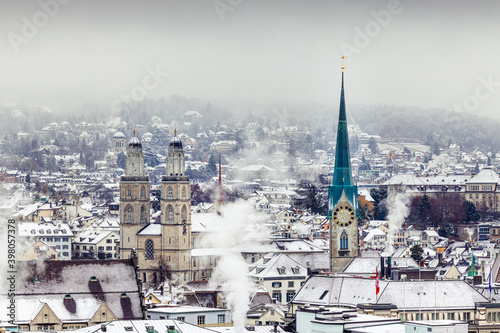 Winter landscape of Zurich with churches and lake, Switzerland
