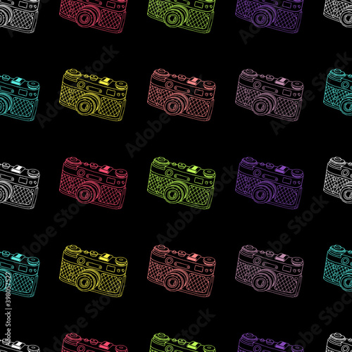 Vector seamless pattern Multicolor photo cameras on black background. Decoration, cover, textile