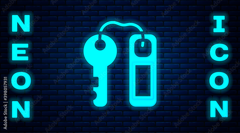 Glowing neon Hotel door lock key with number tag icon isolated on brick wall background. Vector. Glowing neon Hotel door lock key with number tag icon isolated on brick wall background. Vector.