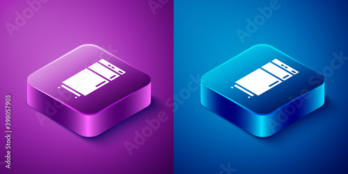 Isometric Refrigerator icon isolated on blue and purple background. Fridge freezer refrigerator. Household tech and appliances. Square button. Vector.