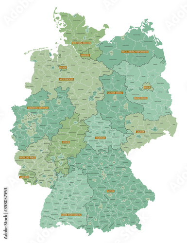 Detailed map of federal states of Germany with administrative divisions into lands and regions of the country, vector illustration on a white background