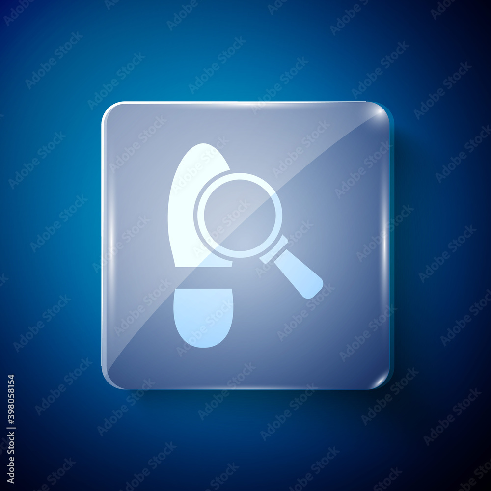 White Magnifying glass with footsteps icon isolated on blue background. Detective is investigating. To follow in the footsteps. Square glass panels. Vector. White Magnifying glass with footsteps icon isolated on blue background. Detective is investigating. To follow in the footsteps. Square glass panels. Vector.